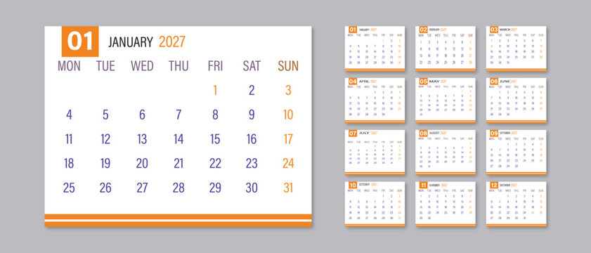 2027 calendar template with monthly pages showing all twelve months of the year