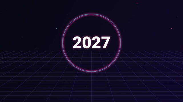 Futuristic Glowing Neon 2027 New Year Transition on Retro Grid Background