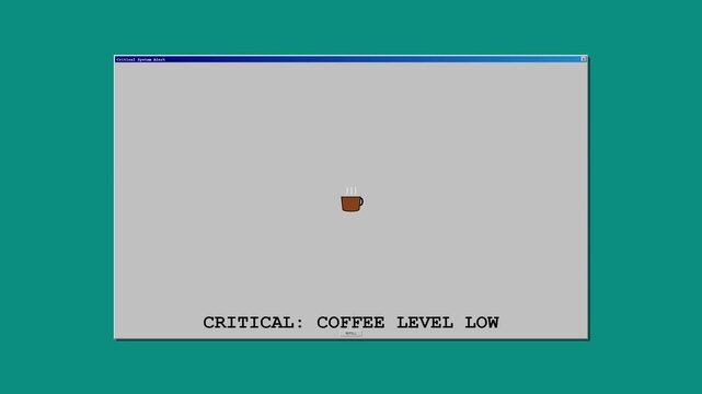 Retro computer windows with critical coffee level low alert message