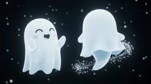 Cute little ghosts animation on dark background