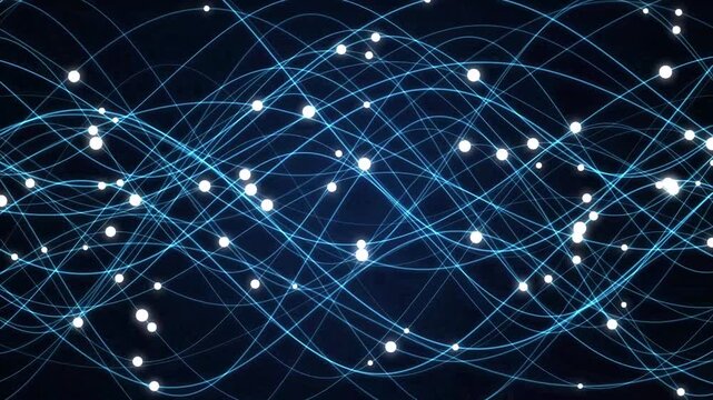 Blue glowing fiber optic network waves with moving white data particles technology background