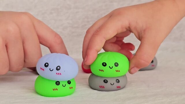Children hands stacking and building towers of colorful kawaii dumpling squishy toys, 4K slow motion close up video