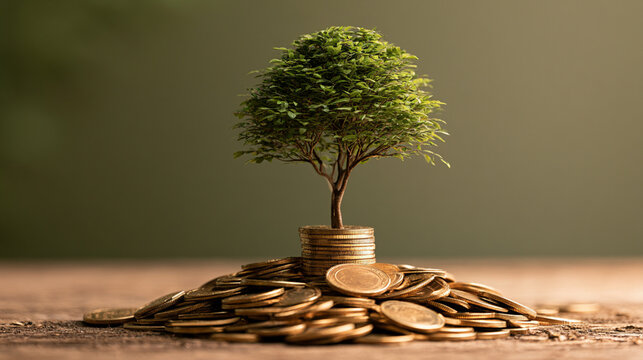 A small tree grows from a stack of coins, symbolizing financial growth and investment