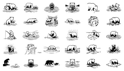 A set of icons and illustrations featuring bears, bear cubs, salmon fishing, natural bear behavior, and riverside life. © nin
