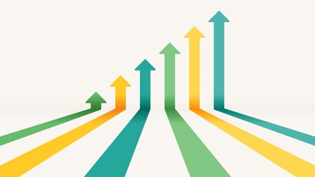 4K seamless loop elegant 3D arrows for ESG and sustainability reports. Soft beige background with rounded leaf green, emerald, and sun yellow arrows rising slowly. Perfect for eco-friendly business.