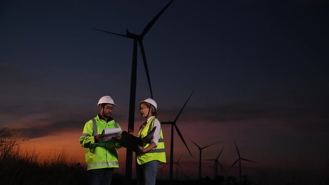Engineer wearing uniform ,helmet inspection and survey work in wind turbine farms rotation to generate electricity energy. Green ecological power energy generation wind sustainable energy concept.	