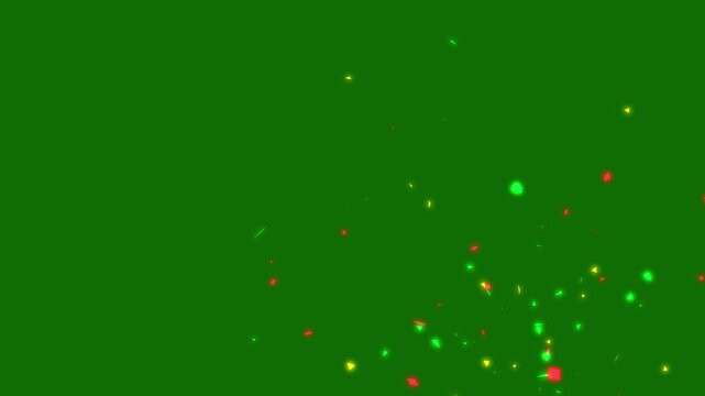 Colorful yollow,red,green confetti explosion animation isolated deep green background, vibrant party paper pieces, festive celebration, realistic 3D confetti blast with alpha matte channel, 4K