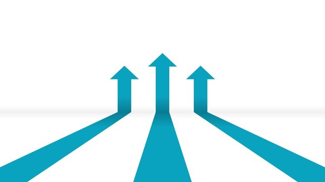 3D light blue success arrows moving forward across a white floor, folding upwards at the wall. Seamless loop representing business growth, progress, and financial momentum for corporate presentations.
