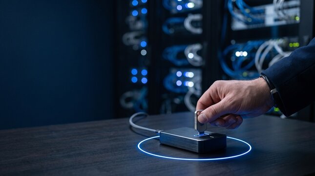 A security professional inserting a digital encryption key into a secure server hub inside a data center with glowing blue network cables and lights.