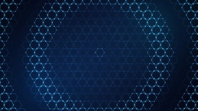 Futuristic blue glowing hexagon grid network tech motion graphic background loop with digital nodes