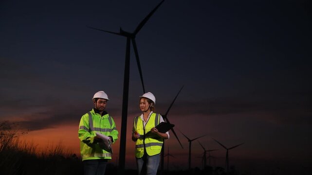 Engineer wearing uniform ,helmet inspection and survey work in wind turbine farms rotation to generate electricity energy. Green ecological power energy generation wind sustainable energy concept.	