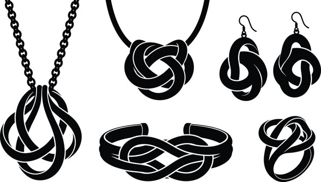 Black silhouette vector illustration set of celtic knot jewelry including necklaces and earrings