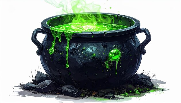 Black witch cauldron with glowing green potion isolated on white