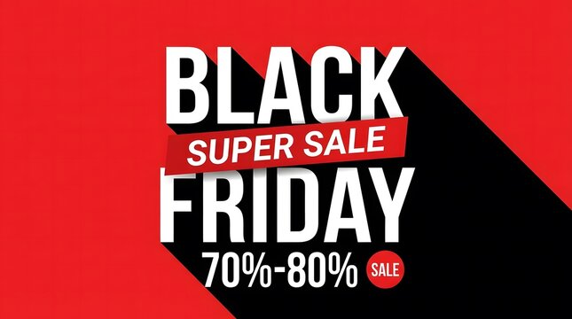 Bold red and black black friday super sale design poster featuring white typography with long drop shadows for retail events