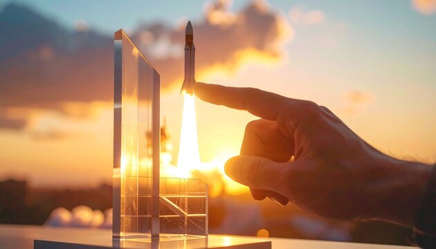 Finger launching rocket model with fiery exhaust against sunset sky