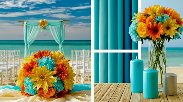 A split-screen photograph showing a beach wedding setup with a colorful bouquet and candles on a wooden table and a view of the ocean with a blue archway in the background