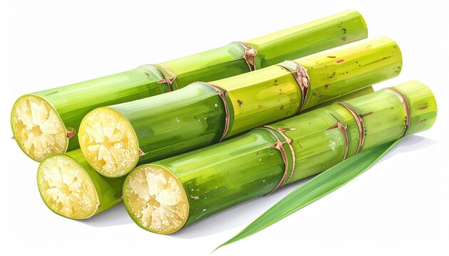 Green sugarcane stems with peeled sections isolated on clean white