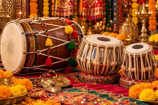 Traditional Indian Navratri Musical Instruments with Dhol and Tabla