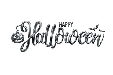 Happy Halloween silver metallic typography isolated PNG, glossy holiday text with carved pumpkin and bats on transparent background © Bright Stock