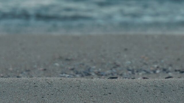 Wide Light Gray Sandy Beach with Waves Rolling Ashore in the Background