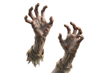 Zombie hands isolated PNG, creepy undead decaying arms reaching out on white transparent background, halloween horror prop © Bright Stock