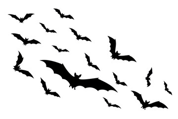 Fototapeta premium Flying bats isolated PNG, dark spooky silhouettes flow on transparent background, halloween graphic element