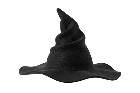 Classic black witch hat isolated PNG, pointed felt wizard hat with twisted tip on white transparent background, halloween costume accessory