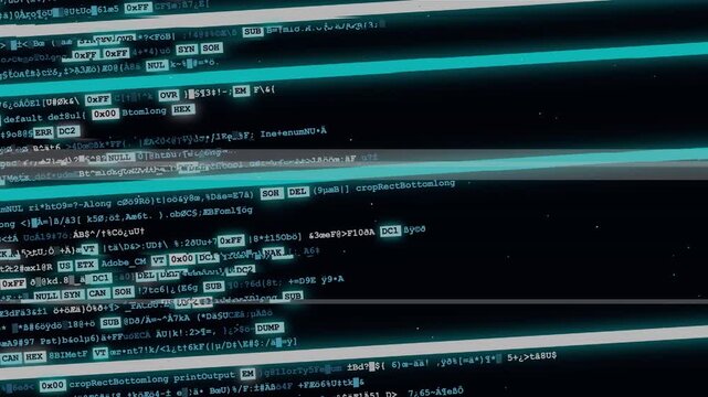 Binary data glitch with ransomware attack. malware code scrolling on digital screen. cybersecurity breach animation.