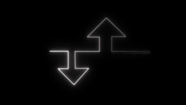 Up and down arrow icon set, glowing neon upload download symbol on black background