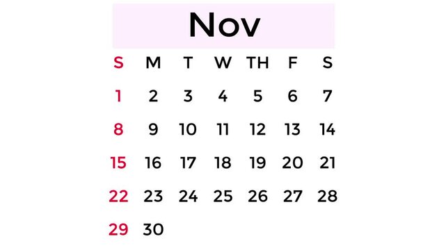 Simple November 19, 2026 calendar, pastel pink on a white background.
