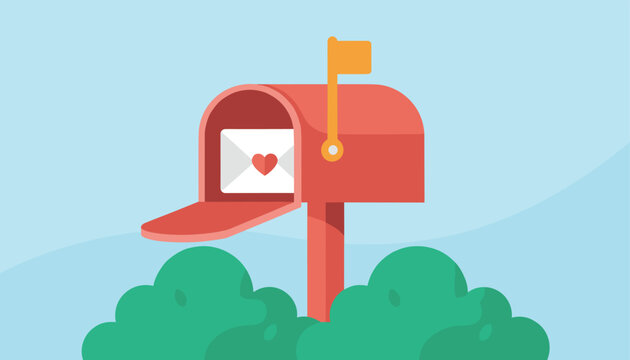 Classic red metal mailbox standing among green bushes with a white envelope and a red heart seal inside it on a sunny day.