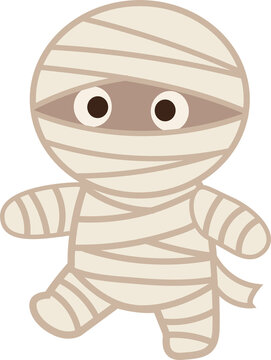 Cute cartoon mummy illustration for Halloween flat vector design of a little mummy character peeking through bandages for kids party invitations and spooky holiday decorations