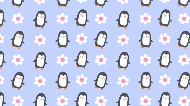 Cute Cartoon Penguin and Flower Seamless Scrolling Pattern Background