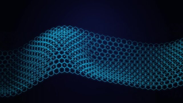 Futuristic neon blue hexagonal mesh wave looping on dark cybernetic tech background motion graphic