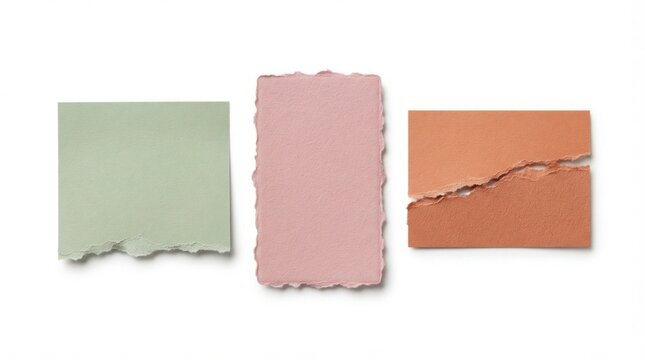 Torn paper pieces in pastel green pink and burnt orange colors isolated on white background for creative design projects and scrapbooking
