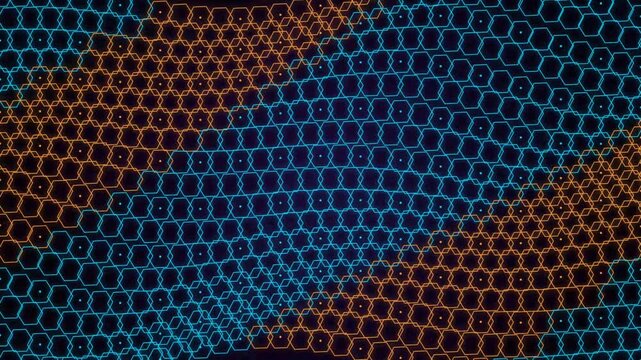 Futuristic neon hexagonal grid waving background with glowing blue and orange digital honeycomb loop