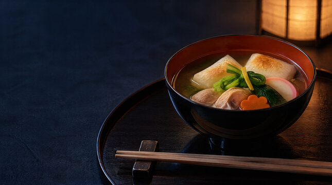 Japanese New Year ozoni soup in a lacquer bowl by lantern light