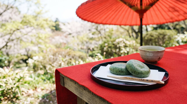 Kusamochi rice cakes on a red felt bench under a red parasol in spring
