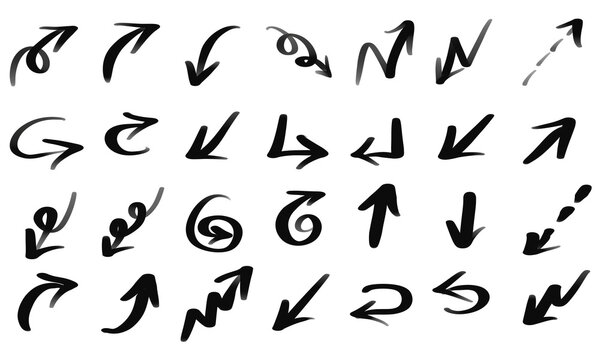 Hand drawn black Various bold brush drawn curved arrows. Collection doodle marker thick arrows in different directions