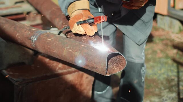 Worker welds rusted steel pipe in outdoor workshop, creating strong connection for durable metal framework. Bright sparks highlight craftsmanship, repair skills and practical construction work.