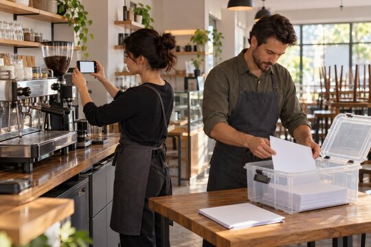 Cafe owners photographing equipment for emergency records
