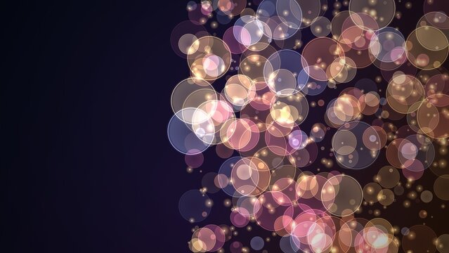 Enchanting cascade of luminous, shimmering bokeh light particles dancing elegantly across a profound dark background, creating a captivating dreamy spectacle