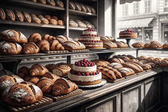 Vintage engraving style illustration of bakery shop interior. Detailed sketch shows shelves with fresh bread, croissants, muffins, sweet cakes. Many pastries, loaves, donuts, fruit desserts on