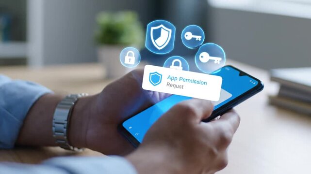 Cybersecurity Mobile App Concept Showing Permission Request and Protective Shield Icons on Smartphone Screen