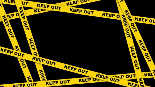 Crisscrossed yellow keep out caution tape on a black background, warning and danger zone barrier graphic