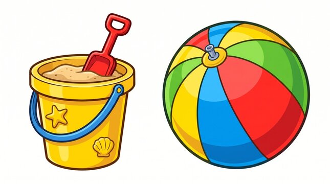 Cartoon beach bucket filled with sand and shovel next to a colorful inflatable beach ball isolated on white background