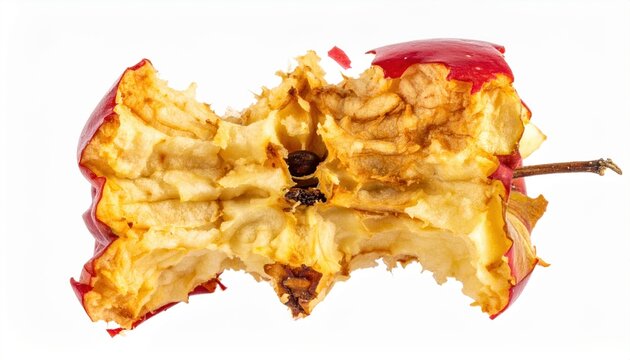 Heavily eaten red apple core with natural bite marks isolated on white
