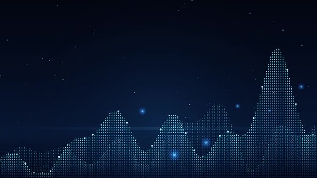 Glowing blue digital data wave chart showing business analytics fluctuations on a dark background