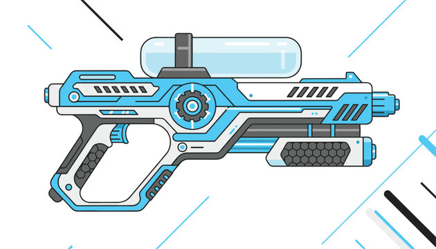 Futuristic blue and white water gun or blaster toy with high tech details and a transparent tank for children summer outdoor activities.