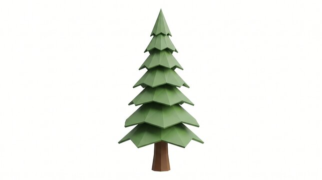 Low poly 3D pine tree with green layered branches and brown trunk isolated on white background